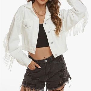 White Denim Fringe Button Up Jacket